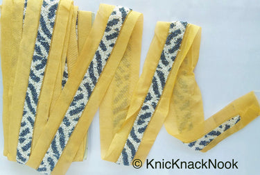 Beige Fabric Trim With Black And Grey Seed Beads Embellishments, Zebra Trim, Beaded Trim